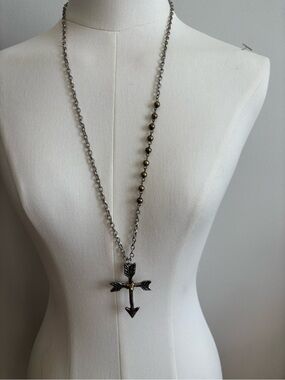 Mixed Metal Arrow Cross Pendant Necklace - Silver and Brass Accents